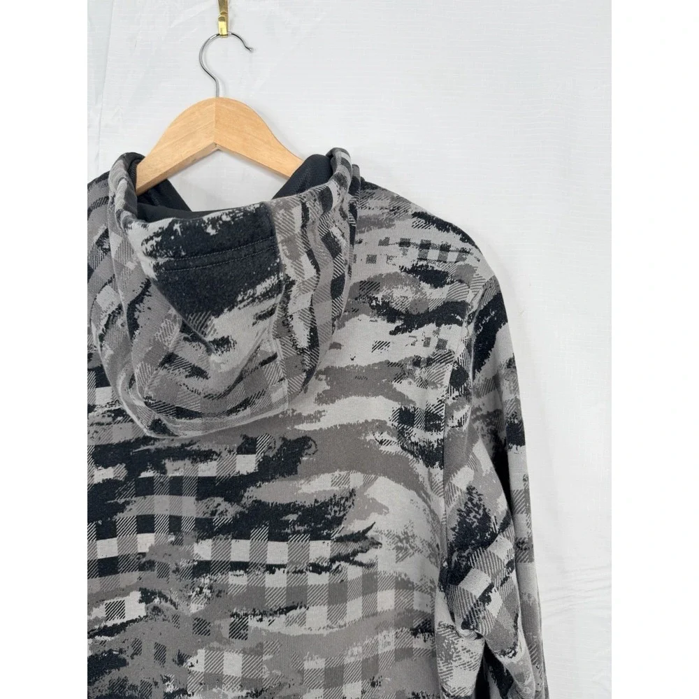 Adidas Mens Camo Plaid Hoodie Grey Black Fleece Pullover Medium